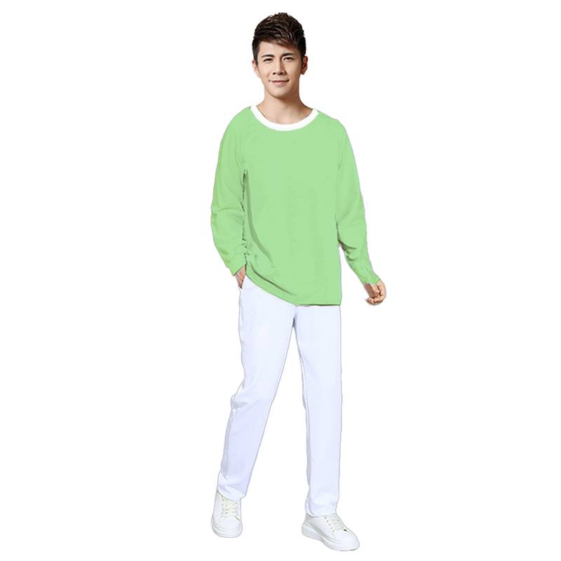 Long-sleeve green shirt + white pants